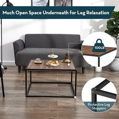 SAYGOER Farmhouse Coffee Table Rustic Wood Coffee Tables Mid Century Modern Coffe Tables for Small Spaces Simple Square Low Center Table for Living Room Home Office Boho Style, Walnut