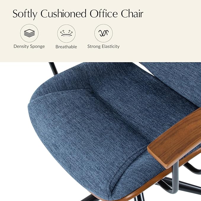 HULALA HOME Solid Wood Office Chair with Rocking Function, Comfy Fabric Desk Chair with Bent Wood and Metal Base, Height Adjustable Swivel Computer Task Chair, Navy