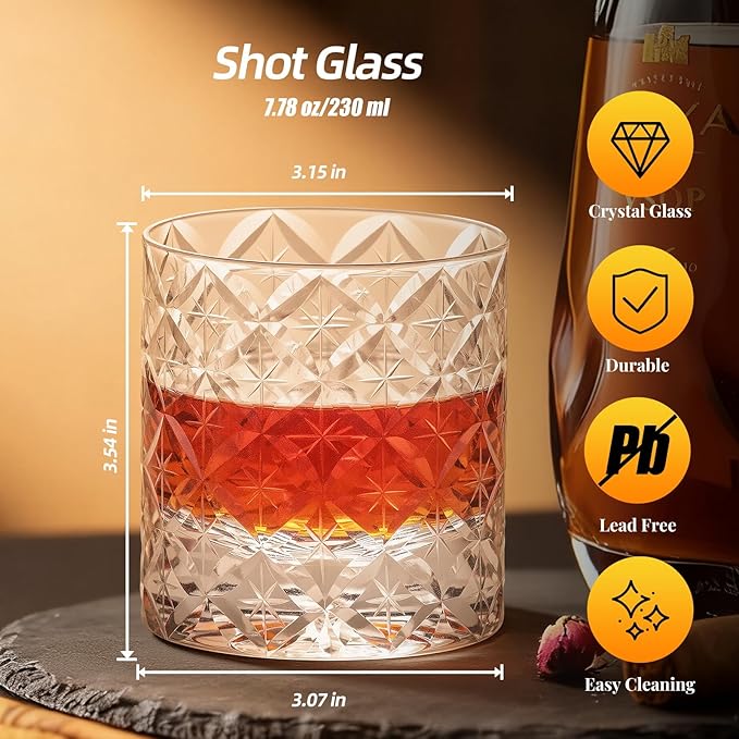 KAMMAK Classic Whiskey Glasses Set of 2, 7.78 oz (230 ml) Old Fashioned Tumbler, Thick Base Glass with Delicate Rim for Scotch, Bourbon, Cocktails, Durable Barware