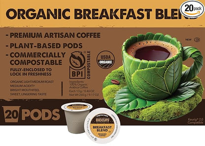 Ekocups Organic Breakfast Blend Coffee Pods - Light Roast, Compostable, Plant-Based & Freshness-Sealed - French Press-Quality Brew - Keurig Compatible, 20ct