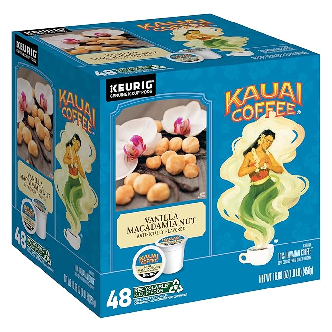 Kauai Coffee K-Cup Pods for Keurig Brewers – Arabica Coffee, 10% Hawaiian – Medium Roast, Vanilla Beans with Toasted Macabamia Nuts – Vanilla Macadamia Nut, 1 Pack of 48 Single Serve K-Cups