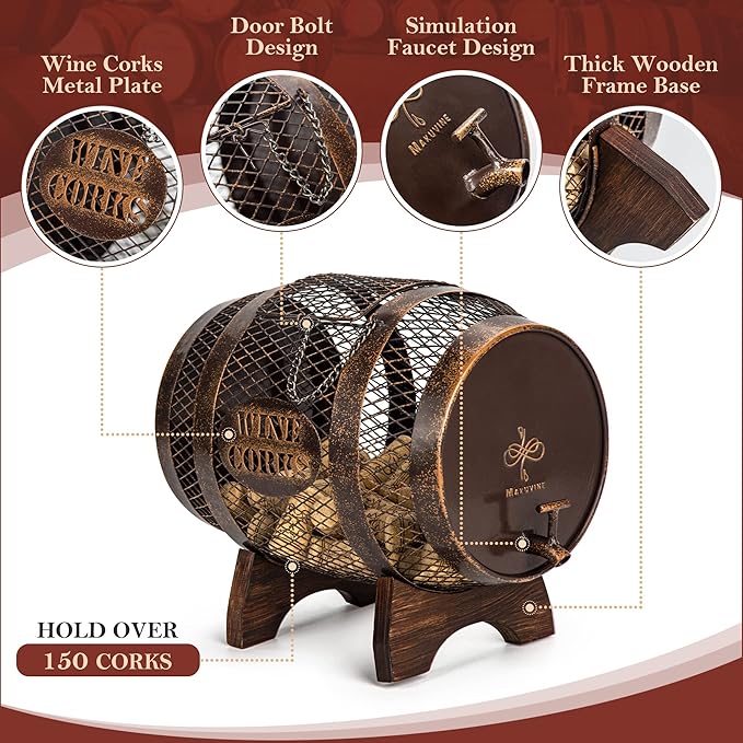 Rustic Metal Large Barrel Wine Cork Holder Display On Wooden Stand, Container for Display, Home Decor, Housewarming Gifts, Home Bar Decor, Wine Gifts, Engagement Gifts, Kitchen Decor