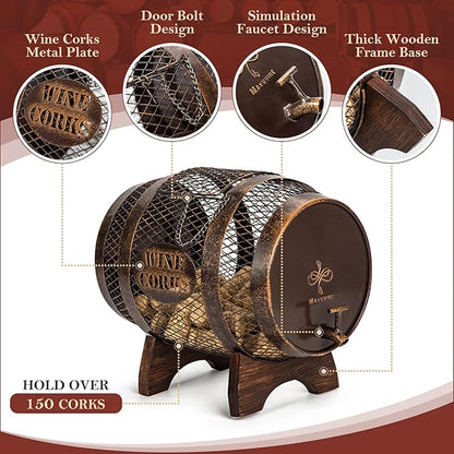 Rustic Metal Large Barrel Wine Cork Holder Display On Wooden Stand, Container for Display, Home Decor, Housewarming Gifts, Home Bar Decor, Wine Gifts, Engagement Gifts, Kitchen Decor