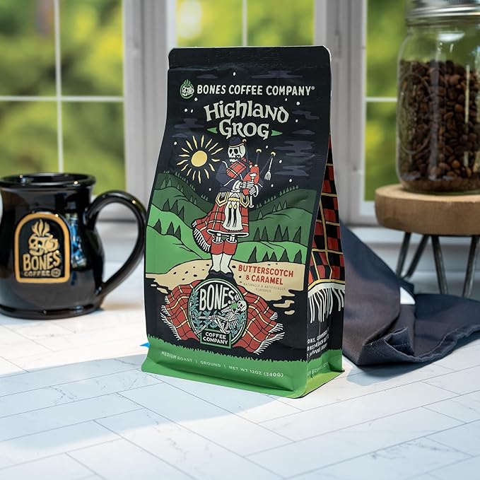 Bones Coffee Company Highland Grog, Butterscotch Caramel Flavored Coffee, Medium Roast Low Acid Arabica Beans Compatible with Auto drip and French Press Coffee Maker, 12 Oz Whole Bean