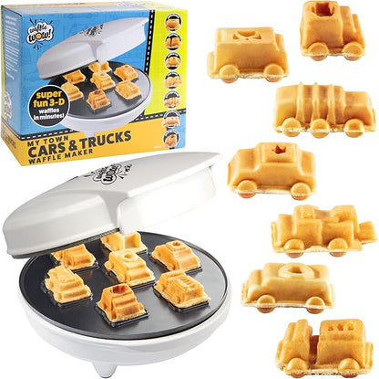 Cars & Trucks Mini Waffle Maker - Make 7 Different Vehicles- Police Car Firetruck Construction Truck & Automobile Shaped Pancakes- Electric Nonstick Iron with Recipe Guide, Fun Kid or Adult Xmas Gift