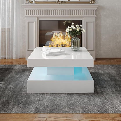 White LED Coffee Table for Living Room, 2-Tier Square Center Table Living Room Table, Modern High Glossy Contemporary Wood Coffee Tables with Storage, Suitable for Dining Reception