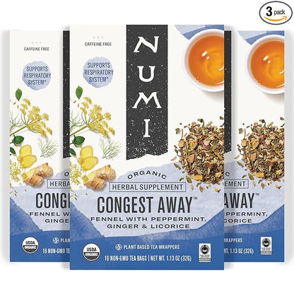 Numi Organic Congest Away Tea, 16 Tea Bags (Pack of 3), Fennel, Peppermint, Ginger and Licorice, Caffeine Free