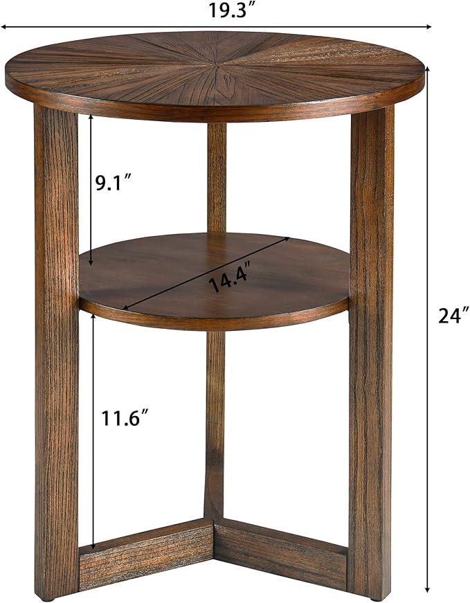PADMA HOUSE 19.3" Round Wood End Table, 2-Tier Solid Wood Rounded Accent Side Table Circle Nightstand Table with Storage Shelf Vintage Furniture for Home Living Room Bedroom,Rustic Brown 3338NC