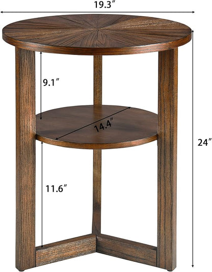 PADMA HOUSE 19.3" Round Wood End Table, 2-Tier Solid Wood Rounded Accent Side Table Circle Nightstand Table with Storage Shelf Vintage Furniture for Home Living Room Bedroom,Rustic Brown 3338NC
