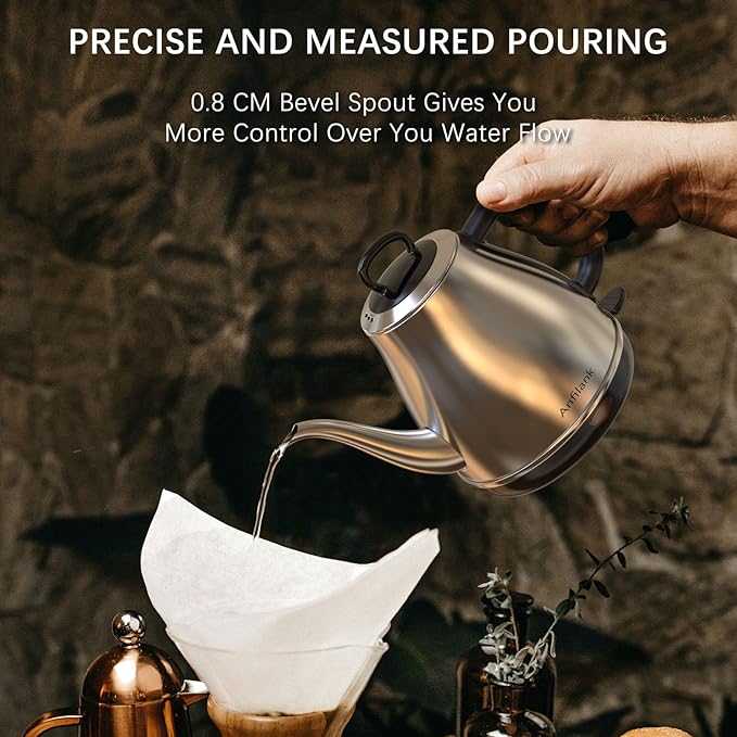 Electric Gooseneck Kettle, 1L 1500W Fast Boil, 100% Stainless Steel BPA Free Pour-Over Coffee & Tea Kettle, Water Boiler with Auto Shut & Boil-Dry Protection, Silver