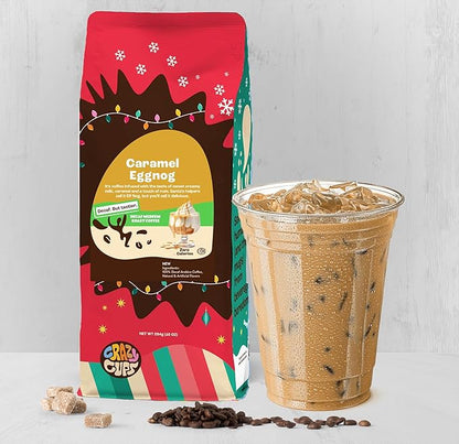 Crazy Cups Flavored Ground Decaf Eggnog Coffee, Decaffeinated Caramel Eggnog Coffee in 10 oz Bag, For Brewing Flavored Hot or Iced Coffee, (Pack of 3)