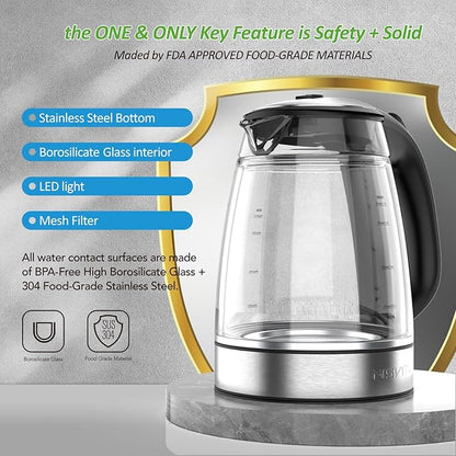 Glass & Stainless Steel Cordless Electric kettle for boiling water, Hot water boiler Electric Tea Kettle automatic shut off Boil-Dry Protection, PC Outer + Glass Inner, 1500W, 1.7L, BK