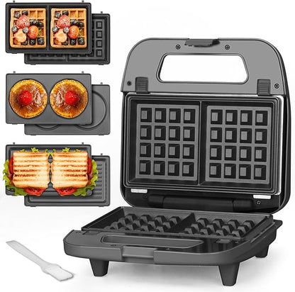 Baker’s Friend 3 in 1 Mini Waffle Maker with Removable Plates, Dual Waffle & Pancake and Grill Plates, Breakfast Sandwich Maker Press, Dishwasher Safe, Non-stick Coating, Graphite