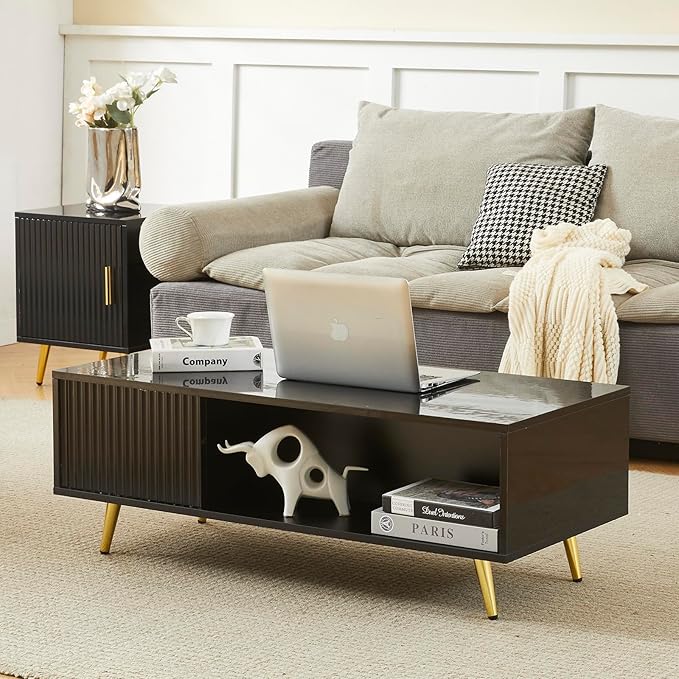 COSVALVE 41.3IN LED Black Coffee Tables for Living Room with 16 Colors LED Lights, Modern Minimalist Coffee Table with Fluted Panel, Rectangle Center Table Game Table