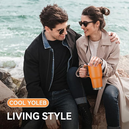 30 oz Tumbler with Handle and Lid, Stainless Steel Tumblers Bulk Double Wall Vacuum Insulated Travel Mug Leak Proof Cup Keep Drinks Cold and Hot Orange, 8 Pack