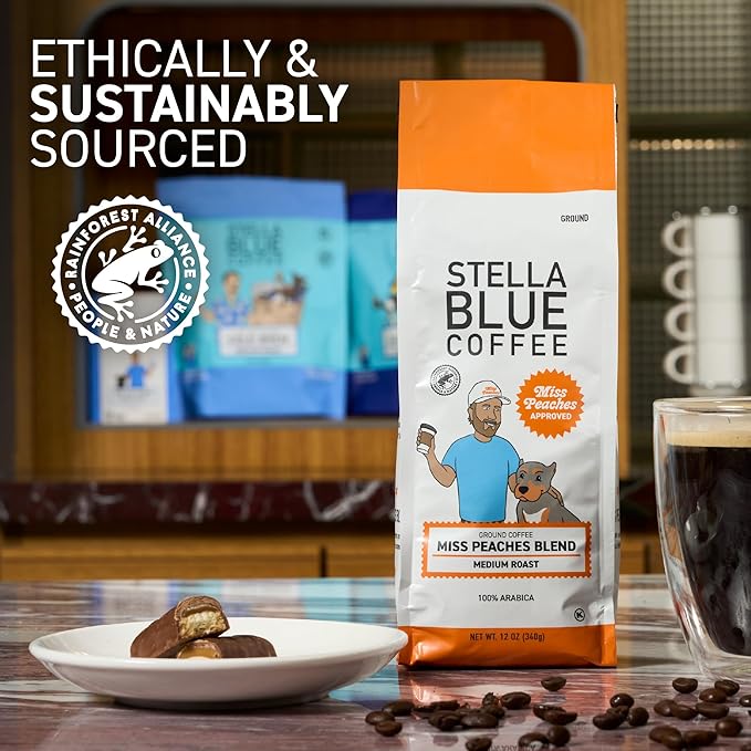 Stella Blue Ground Coffee, Miss Peaches Blend, Medium Roast, Fresh Coffee Ground 100% Arabica, Smooth Balanced Roast with Distinct Flavor Notes, Ethically Sourced Coffee Beans, 12 oz Bag