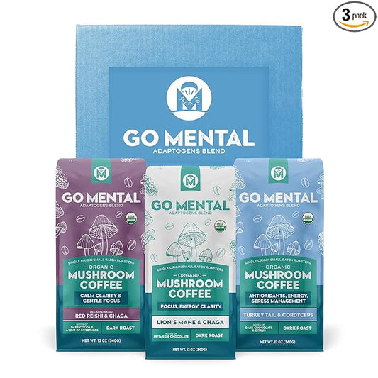 Organic Mushroom Coffee 3 Bag Gift Box Set, Lion's Mane & Chaga, Red Reishi & Chaga Decaffeinated, Turkey Tail & Cordyceps, Immune Support & Overall Wellbeing Dark Roast 36oz Ground