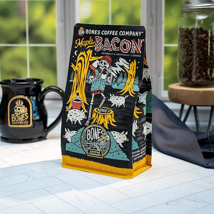 Bones Coffee Company Maple Bacon, Bacon and Maple Syrup Flavored Coffee, Medium Roast Low Acid Arabica Beans Compatible with Auto drip and French Press Coffee Maker, 12 Oz Ground