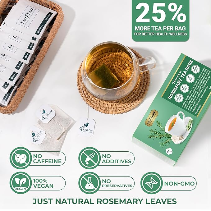 LeafLea 80 Rosemary Leaf Tea Bags, 100% Pure Rosemary Herbal Tea, Gentle Digestive Comfort & Relaxing, Te De Romero Featuring Subtle, Natural Flavor, Caffeine-Free, Sugar-Free, Non-GMO, Vegan