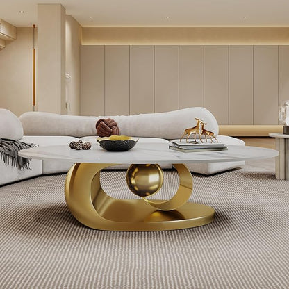 Marble Grain Coffee Table with Gold Stainless Steel Pedestal,Modern Coffee Tables,Oval Living Room Table with Faux Marble Top & Luxury Legs,Sintered Stone Cocktail Center Table,49.20inch