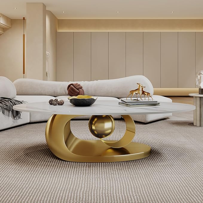 Marble Grain Coffee Table with Gold Stainless Steel Pedestal,Modern Coffee Tables,Oval Living Room Table with Faux Marble Top & Luxury Legs,Sintered Stone Cocktail Center Table,49.20inch