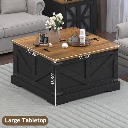 Farmhouse Coffee Table with Hidden Storage Compartment, Black Square Coffee Table for Living Room, Wood Center Table with Hinged Lifting Tabletop for Home
