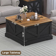 Farmhouse Coffee Table with Hidden Storage Compartment, Black Square Coffee Table for Living Room, Wood Center Table with Hinged Lifting Tabletop for Home