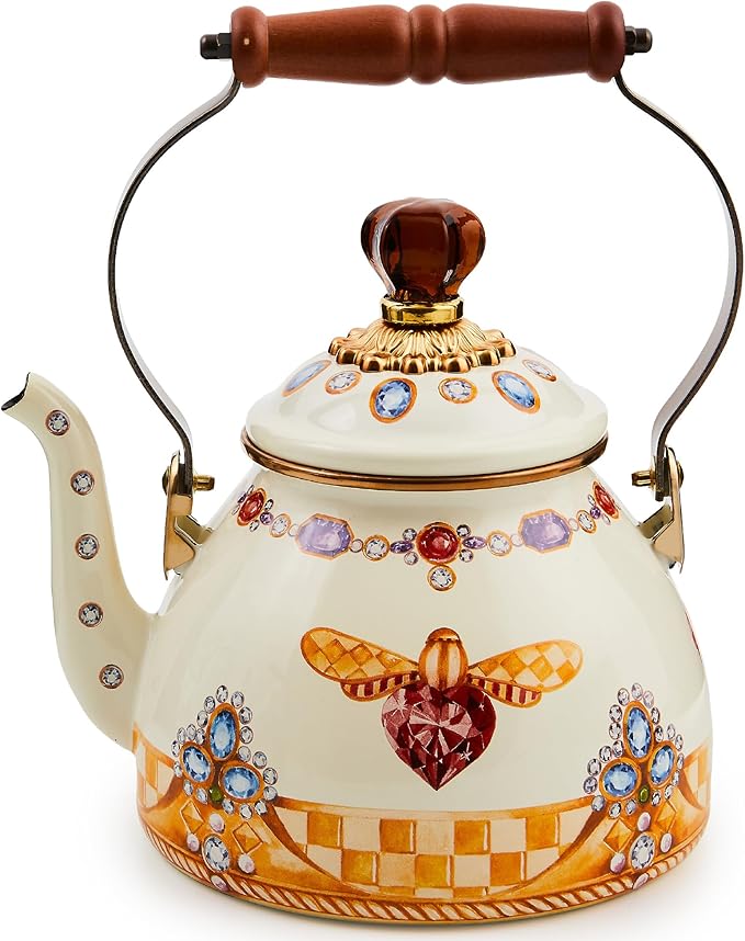 MACKENZIE-CHILDS 2-Quart Enamel Tea Kettle, Cute Tea Kettle for Stovetop, Queen Bee