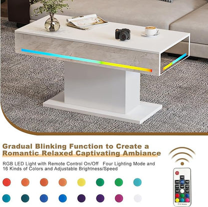 Led Coffee Table for Living Room, Living Room Table Rectangular Center Table, Modern Wooden Coffee Tables with 16 Colors LED Lights for Dining Reception Room