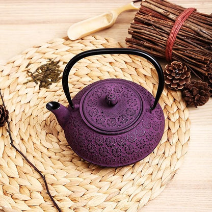 30 oz Cast Iron Teapot Enamel Lining W/Metal Infuser Tea Kettle, Purple