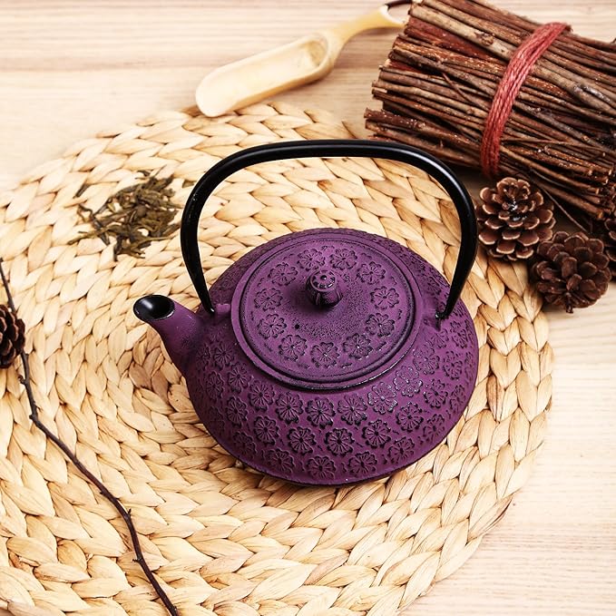 30 oz Cast Iron Teapot Enamel Lining W/Metal Infuser Tea Kettle, Purple