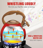 Load image into Gallery viewer, Festive Red Stovetop Whistling Tea Kettle 3.2 Quart - Stainless Steel with Wood Grain Handle, Loud Christmas Whistle for Boiling Water, Holiday Cocoa &amp; Milk, Easy-Pour Spout Classic Design