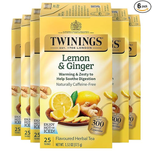 Twinings Lemon & Ginger Herbal Tea Individually Wrapped Bags, 25 Count (Pack of 6), Spicy Ginger, Lemon Peel, & Lemongrass, Naturally Caffeine-Free, Enjoy Hot or Iced, 150 Teabags