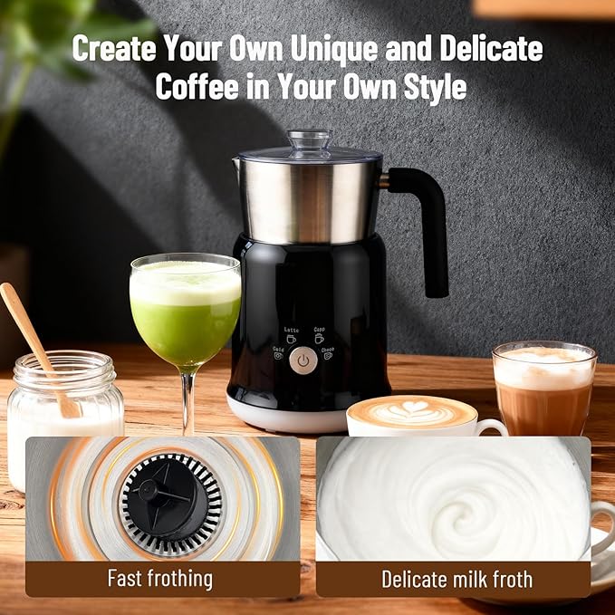 Electric Milk Frother Has Hot and Cold Functions 700-ml Split Stainless Steel Automatic Milk Frother and Steamer with Transparent Lid, Anti-Dry,Dishwasher-Safe