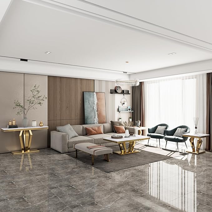 3 Piece Living Room Table Set, Luxury Coffee Table Set with White Top & Gold Diamond-Shaped Stainless Steel Frame, 1 Coffee Table + 1 Console Table + 1 End Table for Home Office