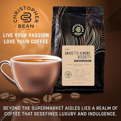 Christopher Bean Coffee - Certified Kosher, Decaf Ground Universal Drip Amaretto Almond Biscotti Coffee | Amaretto Flavored Medium Roast Coffee 100% Arabica, No Sugar, No Fats, Non-GMO | 10-Ounce