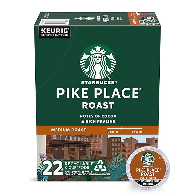 Starbucks K-Cup Coffee Pods, Medium Roast Coffee, Pike Place Roast For Keurig Brewers, 100% Arabica, 1 Box (22 Pods)