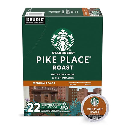 Starbucks K-Cup Coffee Pods, Medium Roast Coffee, Pike Place Roast For Keurig Brewers, 100% Arabica, 1 Box (22 Pods)