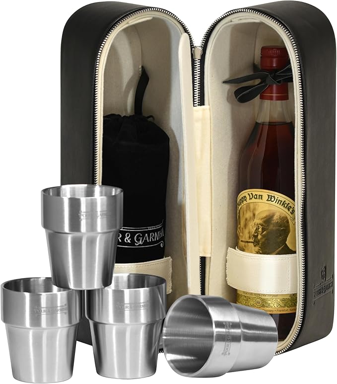 POUR & GARNISH Bourbon Whiskey & Wine Double Bottle Travel Bag with 4 Stainless Steel Double-Walled Vacuum Insulated Glasses - Makes a Great Gift!