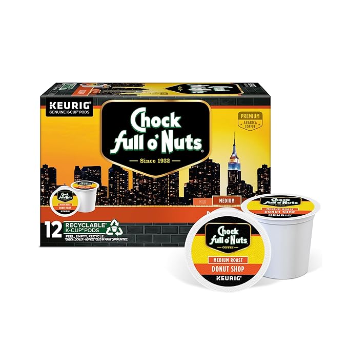 Chock full o’Nuts Donut Shop Keurig K-Cup Pods for Keurig Brewers – Premium Arabica, Medium Roast – Single Serve – 1 Pack of 12 K-Cup Pods