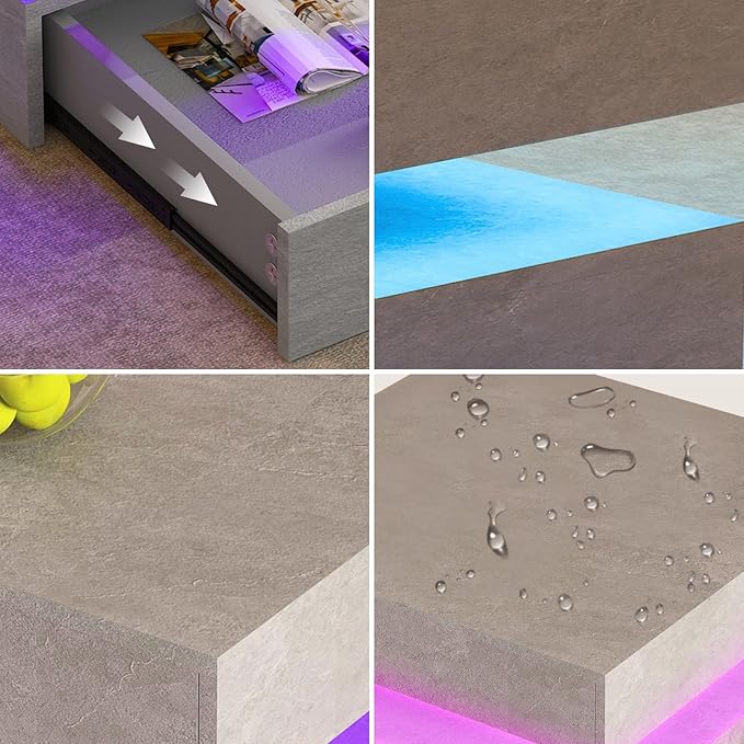 Grey LED Coffee Table for Living Room, 2-Tier Living Room Table Square Center Table, Modern Coffee Tables with Storage, Middle Wooden Tea Tables for Home Office