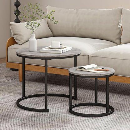 Round Coffee Table Set of 2 for Living Room,Black Small Coffee Table Living Room,Nesting Tables Metal Frame/Wood,Sturdy/Easy Assembly,Stacking Side Tables Bedroom,Grey
