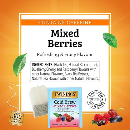Twinings Mixed Berries Cold Brew Iced Tea Bags, 20 Count (Pack of 1), Unsweetened Flavoured Black Tea, Caffeinated, 20 Teabags