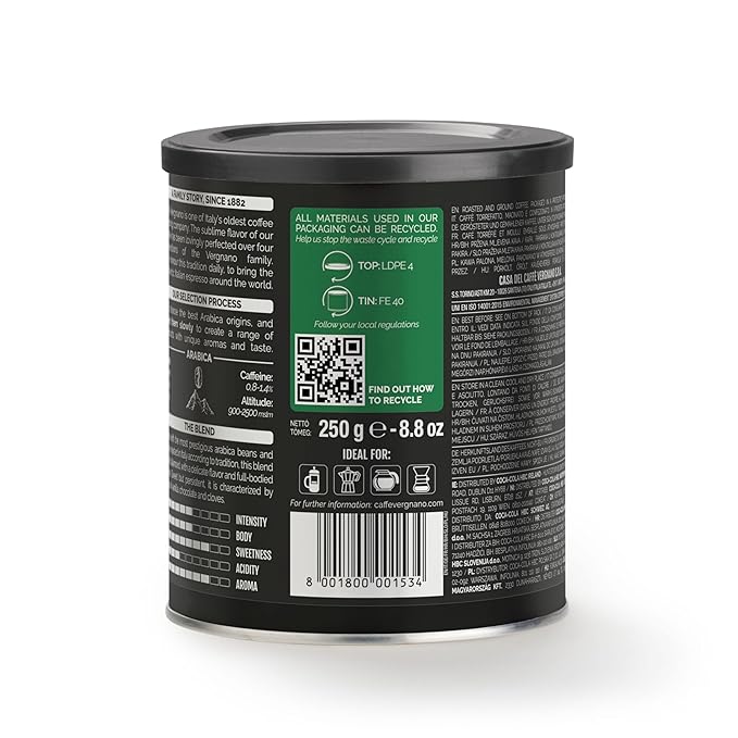 Caffè Vergnano Italian Finely Ground Espresso Coffee – 100% Arabica for Moka, Intensity Level 4 – Sweet & Balanced Blend Slow Roasted with Notes of Chocolate, Hazelnut, Caramel, 8.82 oz Tin