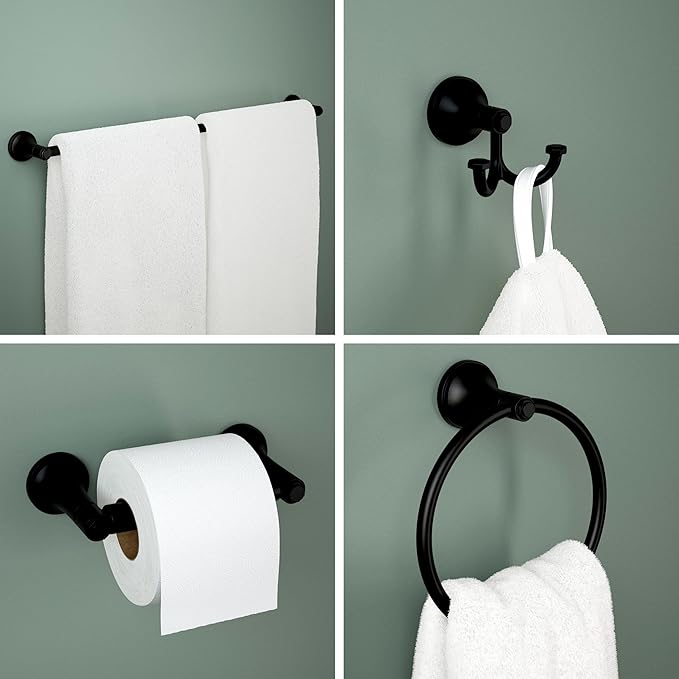 Franklin Brass Woodruff 4-Piece Bathroom Set Matte Black 18" + 6" Towel Rack, Toilet Paper Holder, Hand Towel Holder, Hook | 4-Piece Bath Hardware Accessories Set WDRF64-MB