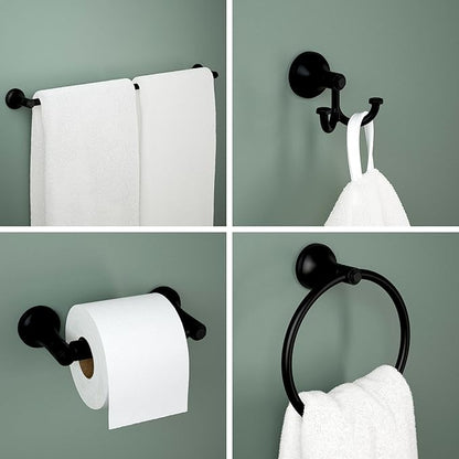 Franklin Brass Woodruff 4-Piece Bathroom Set Matte Black 18" + 6" Towel Rack, Toilet Paper Holder, Hand Towel Holder, Hook | 4-Piece Bath Hardware Accessories Set WDRF64-MB