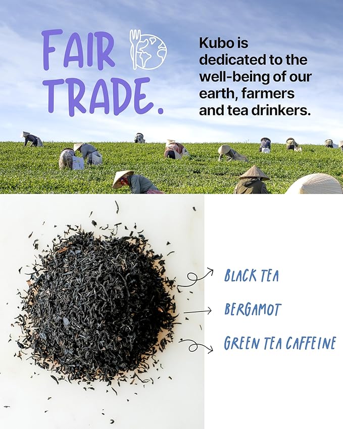 High Caffeine Tea (155 mg) - Kubo Tea: Organic Earl Grey Black Tea Bags for Clean Energy & Focus | Healthy Coffee Substitute | Bergamot Caffeine Blend | 20 Ct | Compostable Packaging