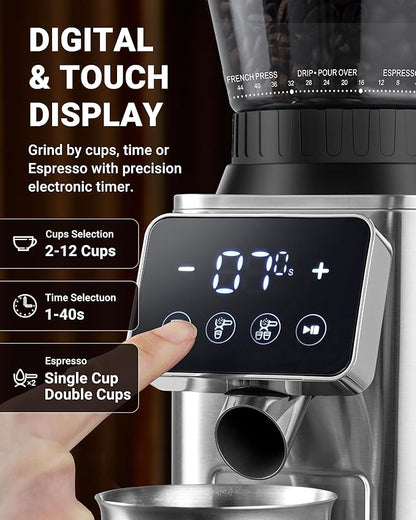 AMZCHEF Coffee Grinder, Burr Coffee Bean Grinder for Home Use with 48 Precise Grind Settings, Detachable Funnel Stand for Espresso, LED Control Panel, Anti-static Design, silver