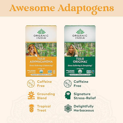 ORGANIC INDIA Calming Tulsi Ashwagandha Herbal Tea - Holy Basil Tea with Ashwagandha Root, Supports Restful Sleep - Adaptogen, Vegan, USDA Certified Organic, Non-GMO - 18 Infusion Bags, 3 Pack