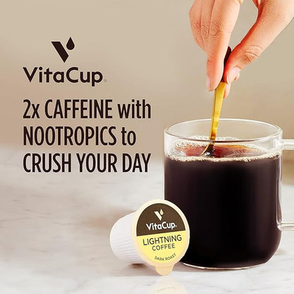 VitaCup Lightning Coffee Pods, for Focus w/ 2X Caffeine, Green Coffee Bean, B Vit, D3, Strong Dark Roast Arabica Beans, Single Serve Pod Compatible with Keurig K-Cup Brewers, 64 Ct (4 Pack of 16 ct)